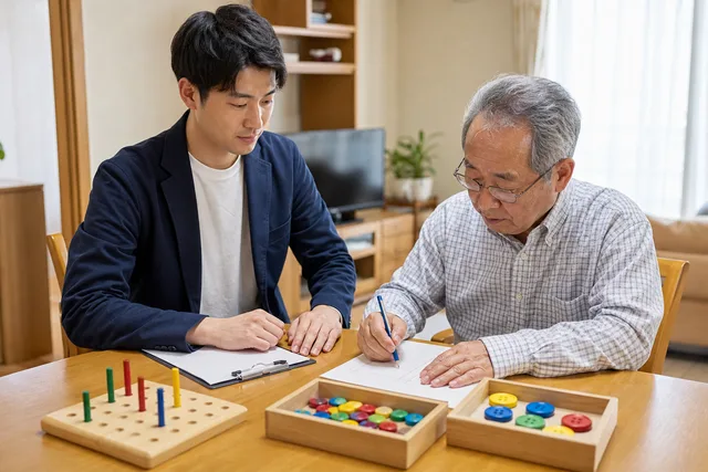 作業療法士と書字や手の巧緻性課題を確認する場面