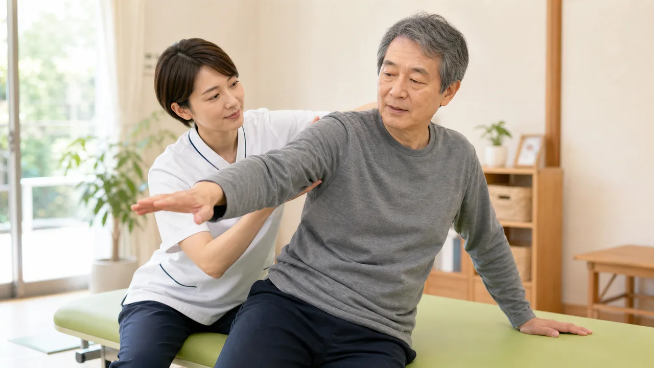 セラピストが脳卒中後の動きを介助しながら確認するイラスト