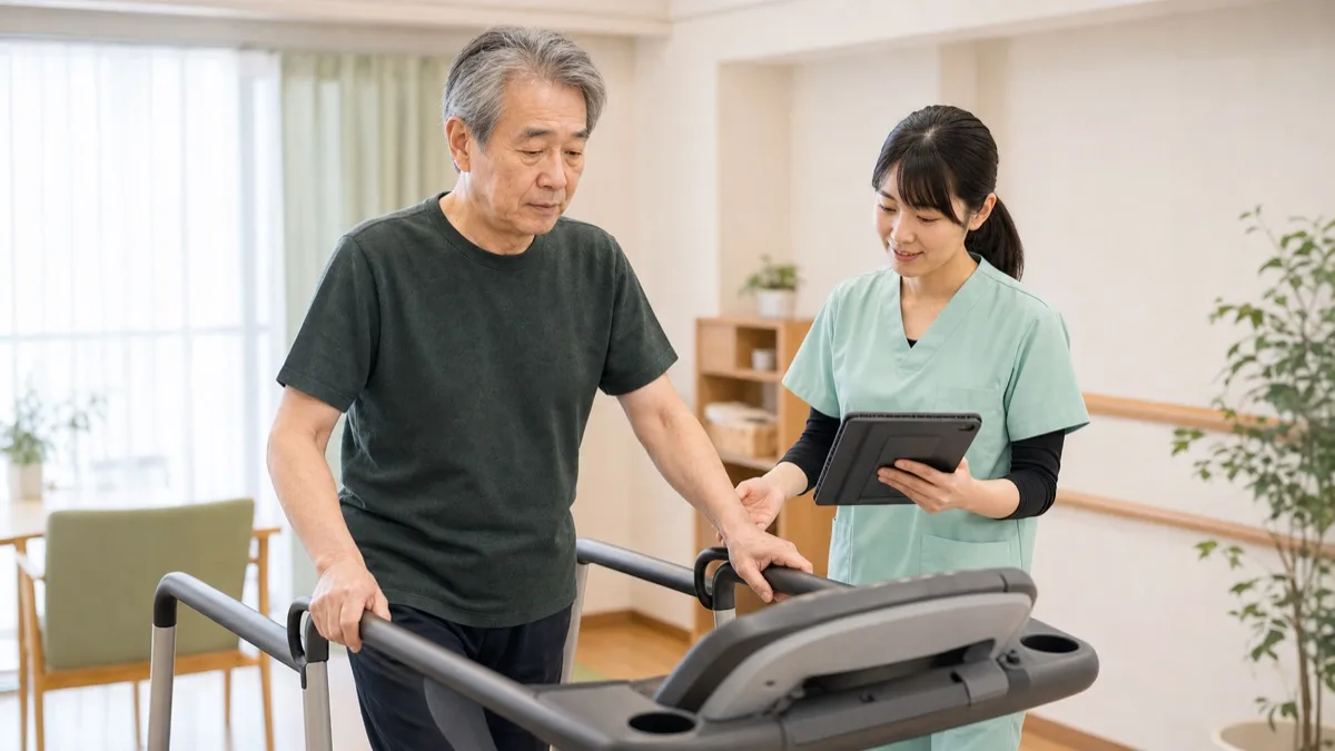脳卒中後のHIITでトレッドミル歩行を療法士が見守る場面