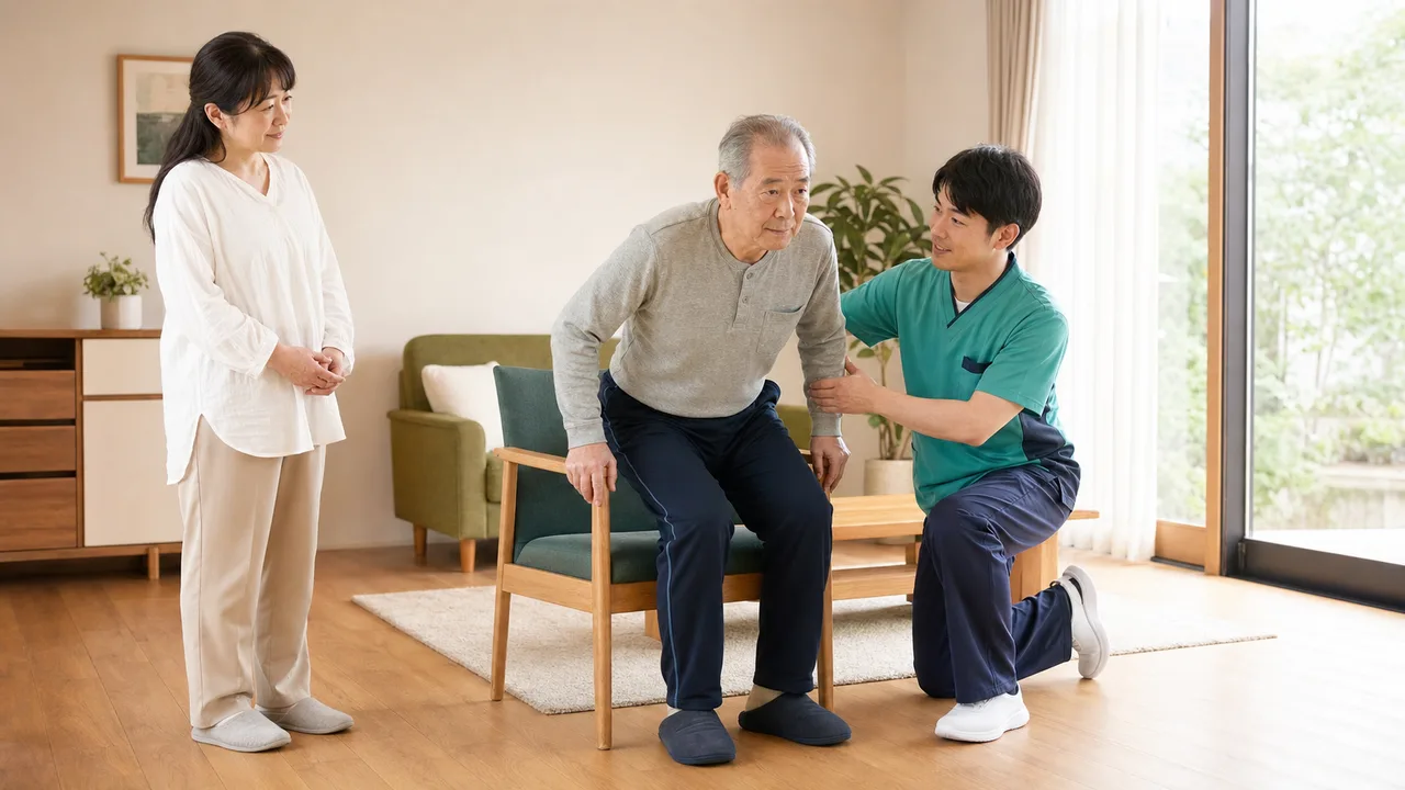 自宅で椅子から立ち上がる練習を行う高齢者と支援するリハビリ専門職