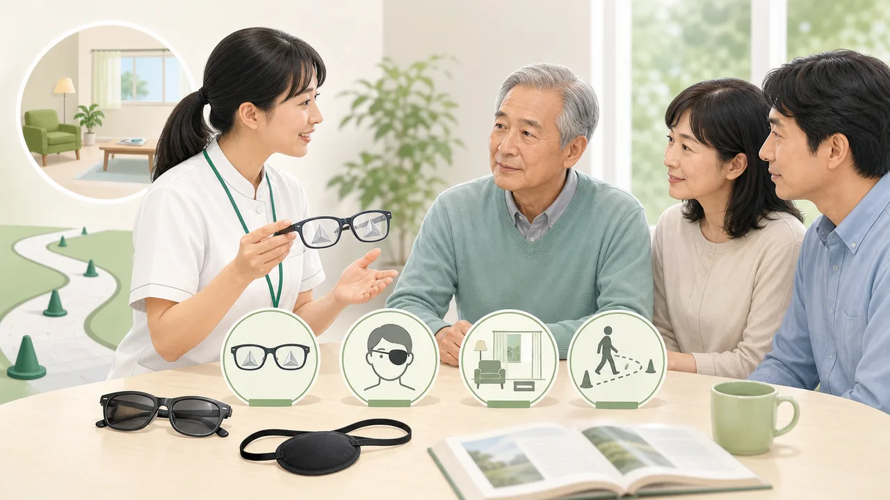 遮蔽、眼鏡、環境調整などは、見え方と生活場面に合わせて専門職と確認します。
