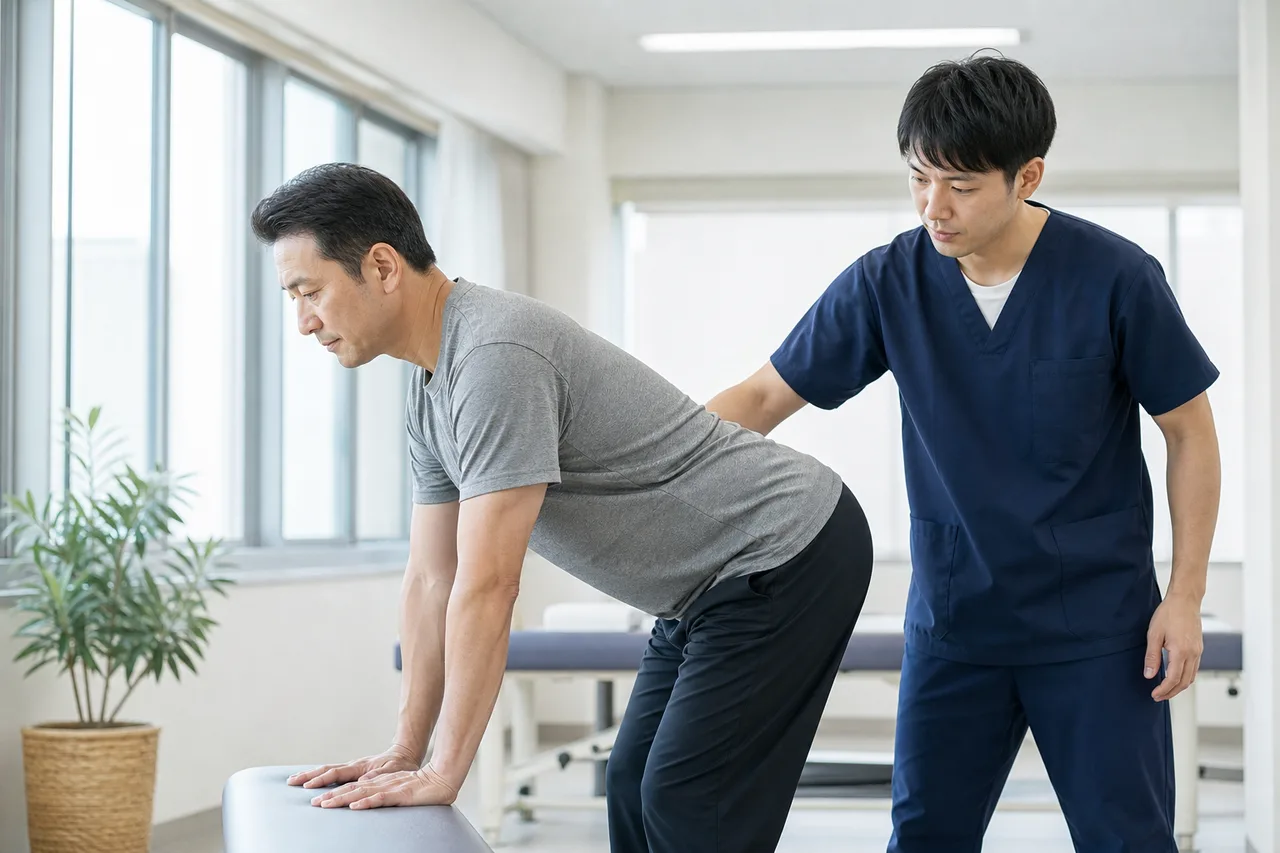 専門職が腰痛のある方の前屈動作を安全に評価している様子
