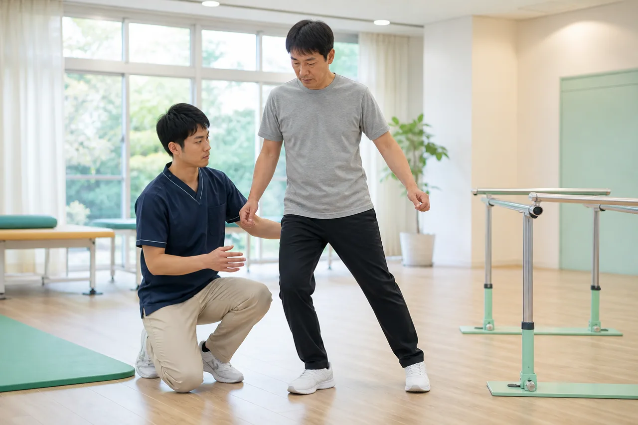 脳卒中後に専門職の見守りで麻痺側への荷重練習を行う様子