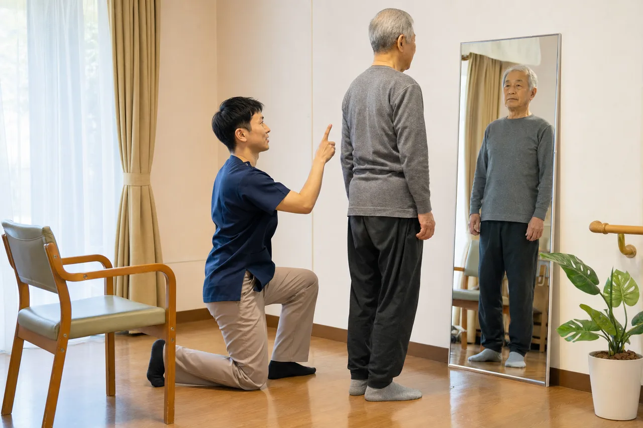 鏡で姿勢を確認するパーキンソン病の方とリハビリ専門職