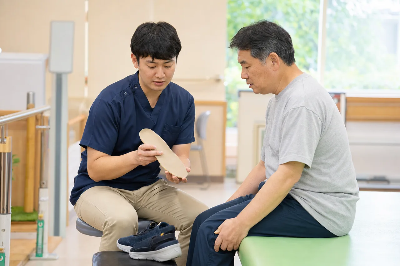 脳卒中後の方とリハビリ専門職が靴とインソールを確認する場面