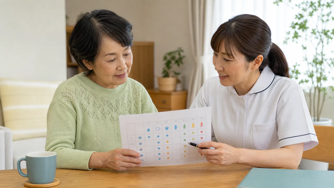 高齢女性が女性専門職と排尿記録を穏やかに確認する様子