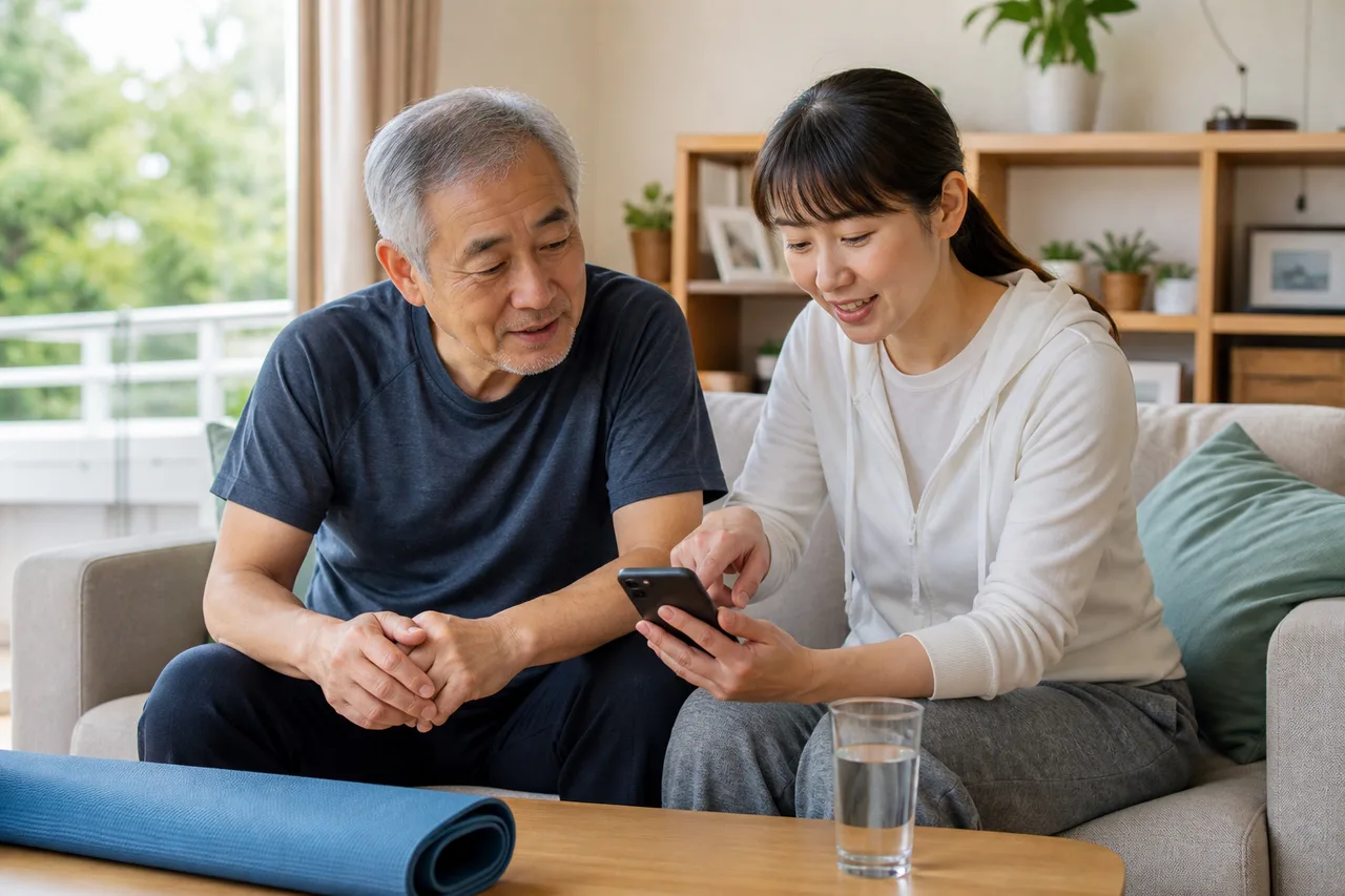 高齢者と家族が自宅運動の記録を一緒に確認する様子