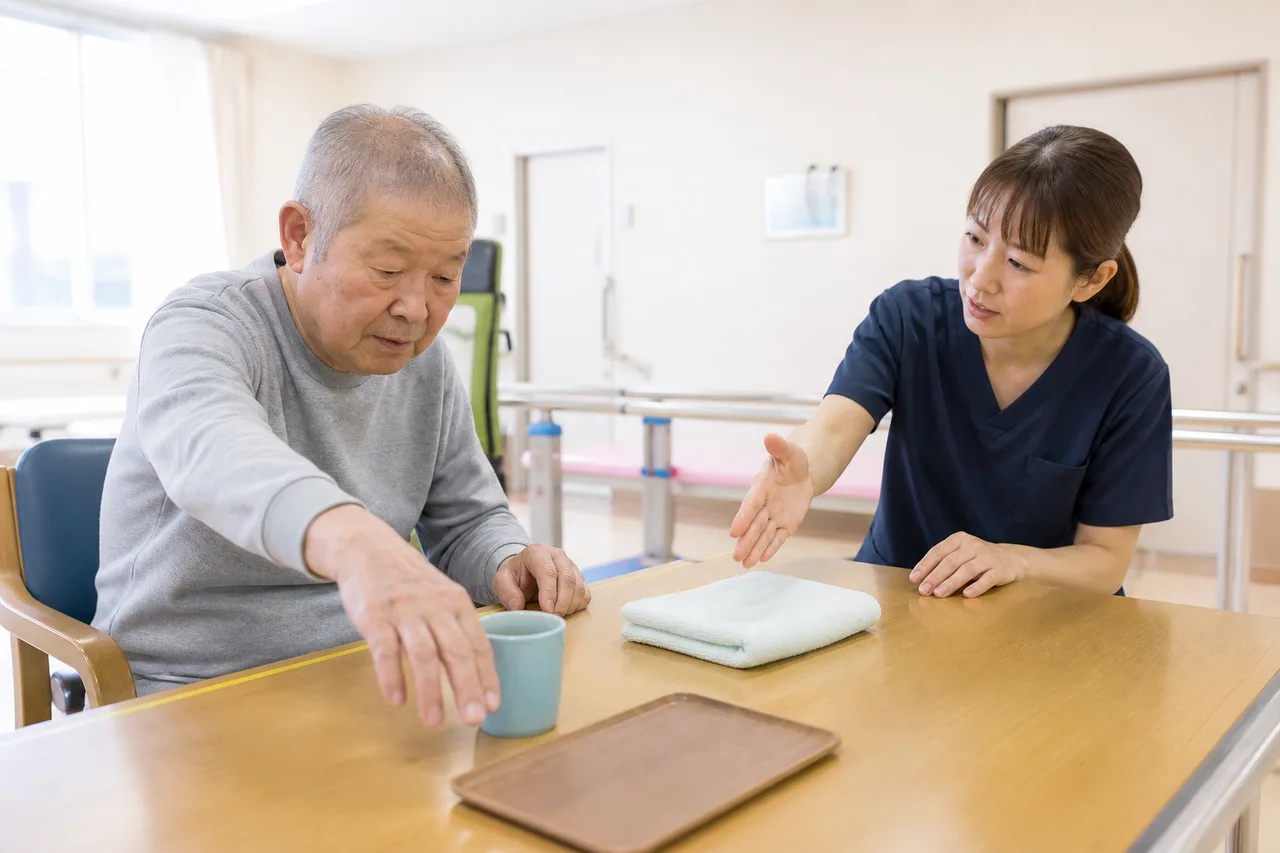 療法士と日用品を使った安全な生活動作練習を行う場面