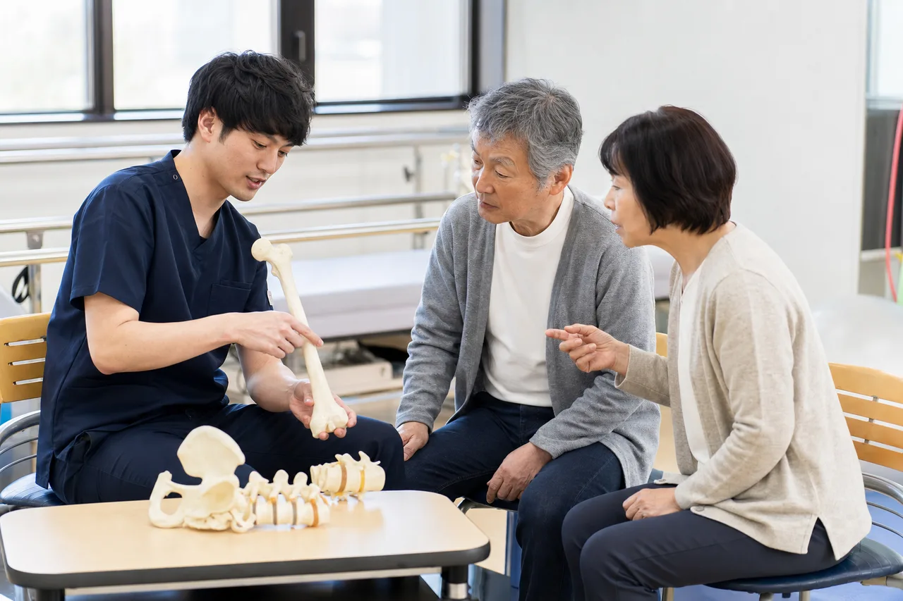 脳卒中後の骨の変化を専門職と確認する様子