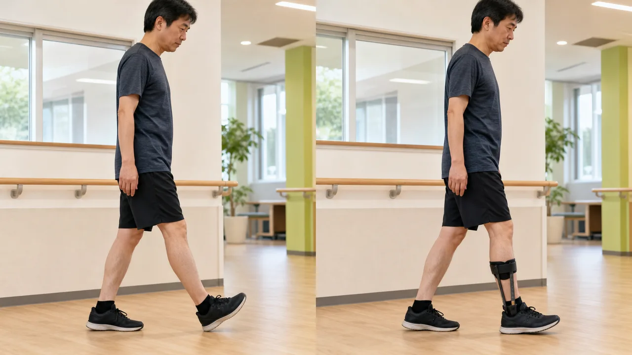 CMTで足先が上がりにくい歩行と短下肢装具を用いた歩行の比較場面