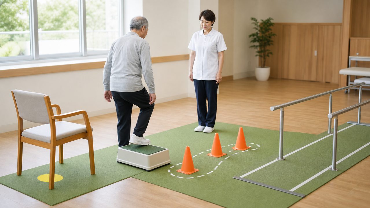 立ち座り、段差、方向転換、歩行課題を組み合わせた練習場面