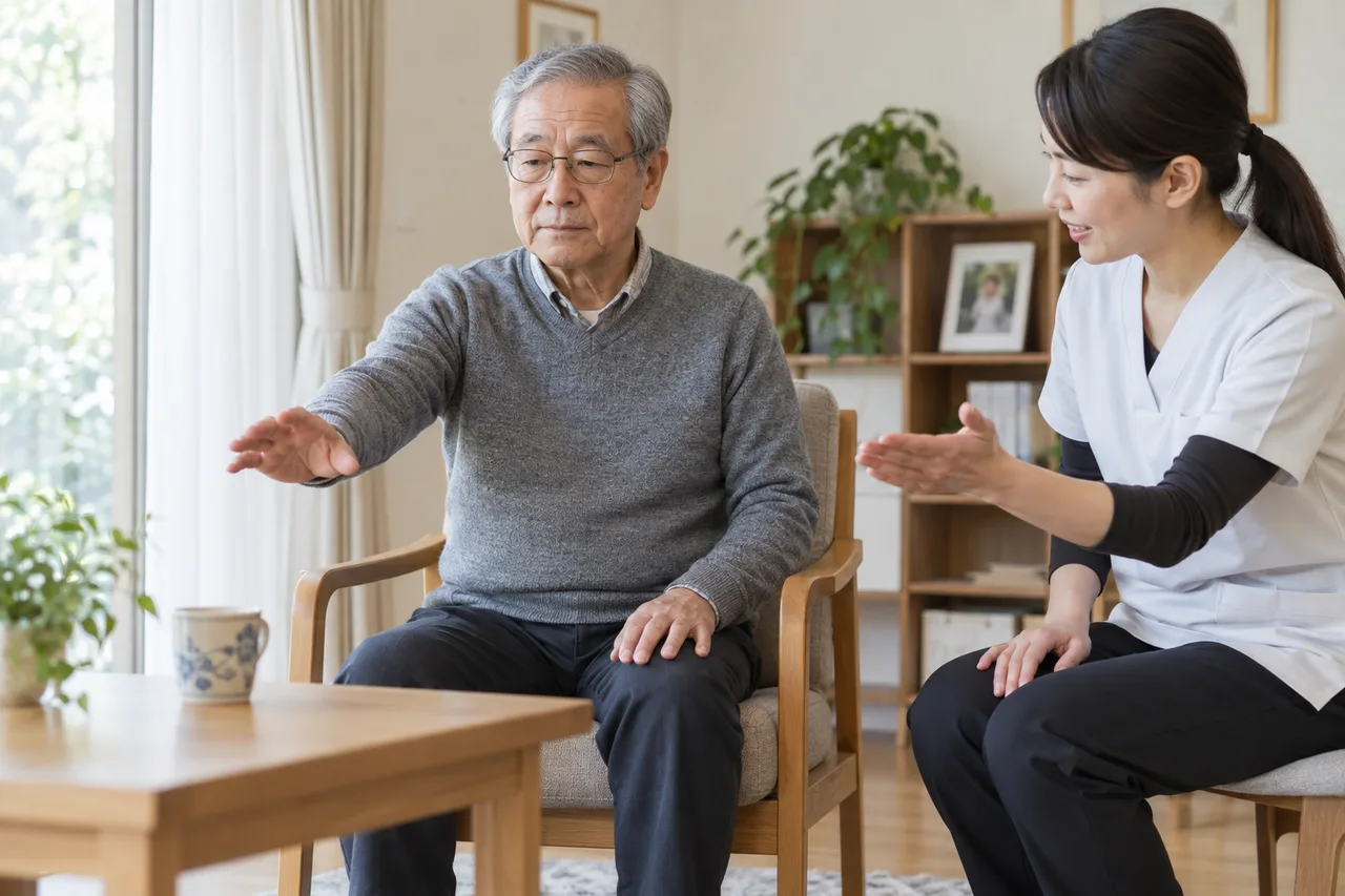 座位で専門職と運動イメージ練習を行うパーキンソン病の高齢者