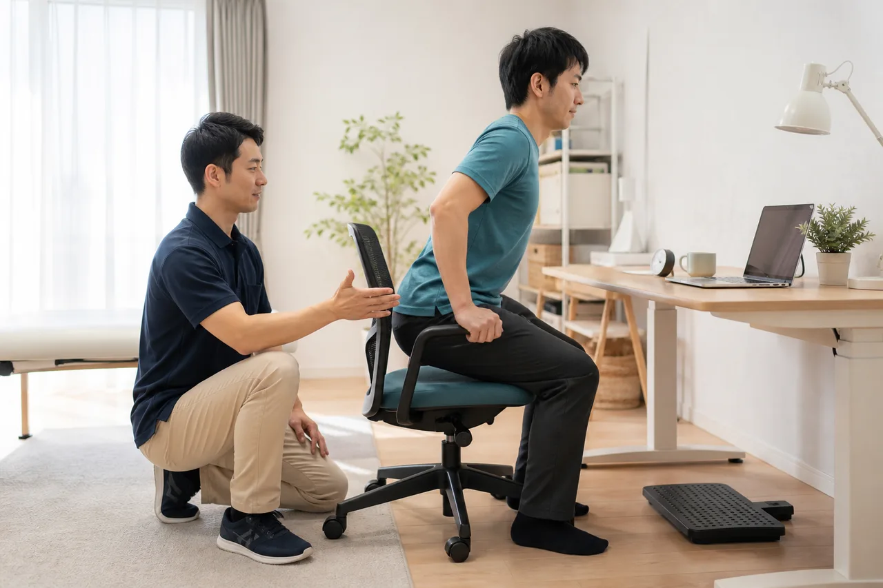 腰痛のある方が支援を受けながらデスク動作と立ち上がりを練習する様子