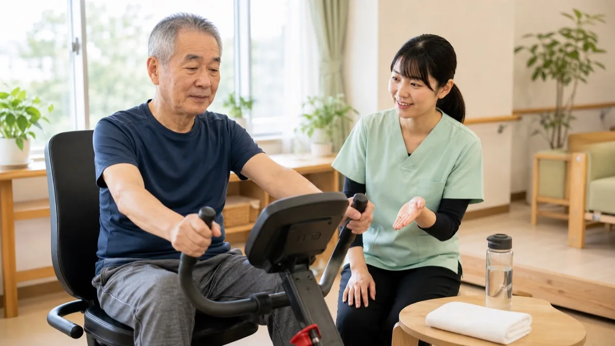 脳卒中後のHIITで自転車エルゴメーターを使い療法士が見守る場面
