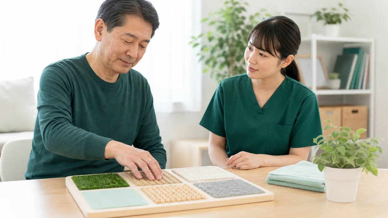 手の感覚を確認しながら感覚再教育に取り組む様子