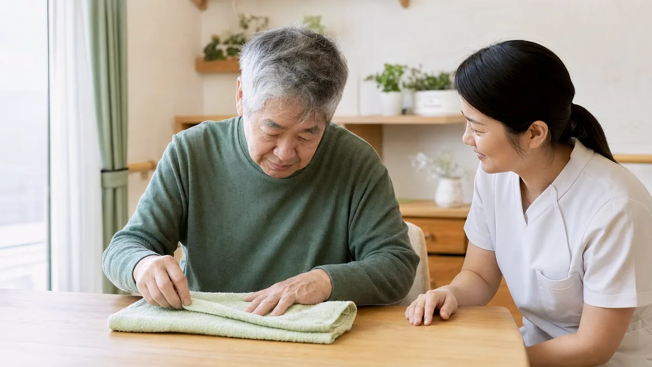 脳卒中後の方が麻痺した手をタオルに添え、生活動作の中で役割を持たせる練習をする様子