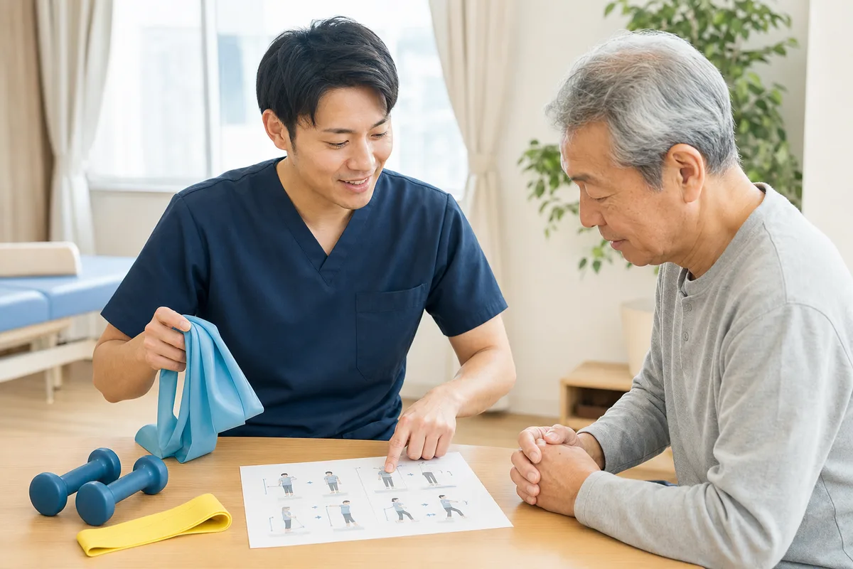 負荷や回数を相談して確認する場面