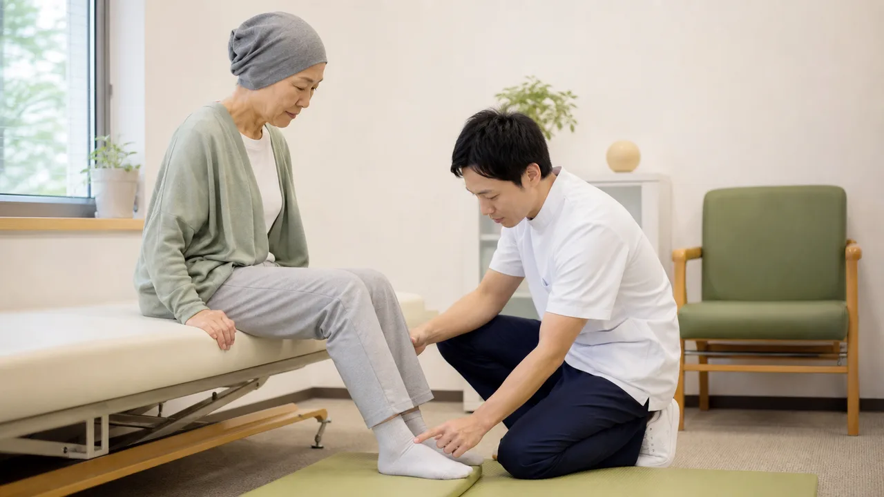 専門職が下肢の感覚と足の位置を安全に確認する場面