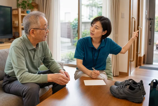 訪問リハビリで高齢者と活動再開の目標を話し合う作業療法士