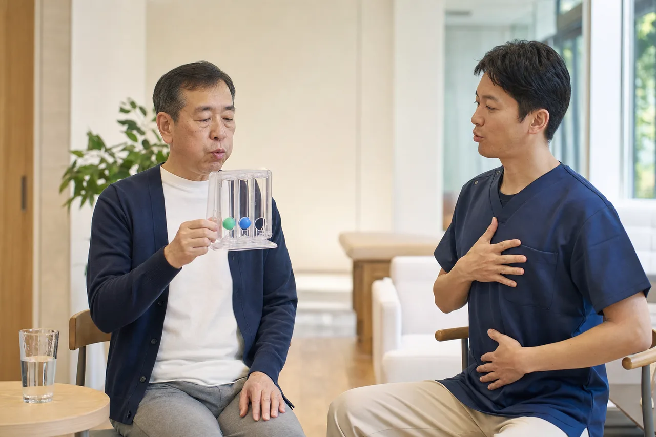 呼吸筋トレーニング器具を用いた呼吸練習の場面