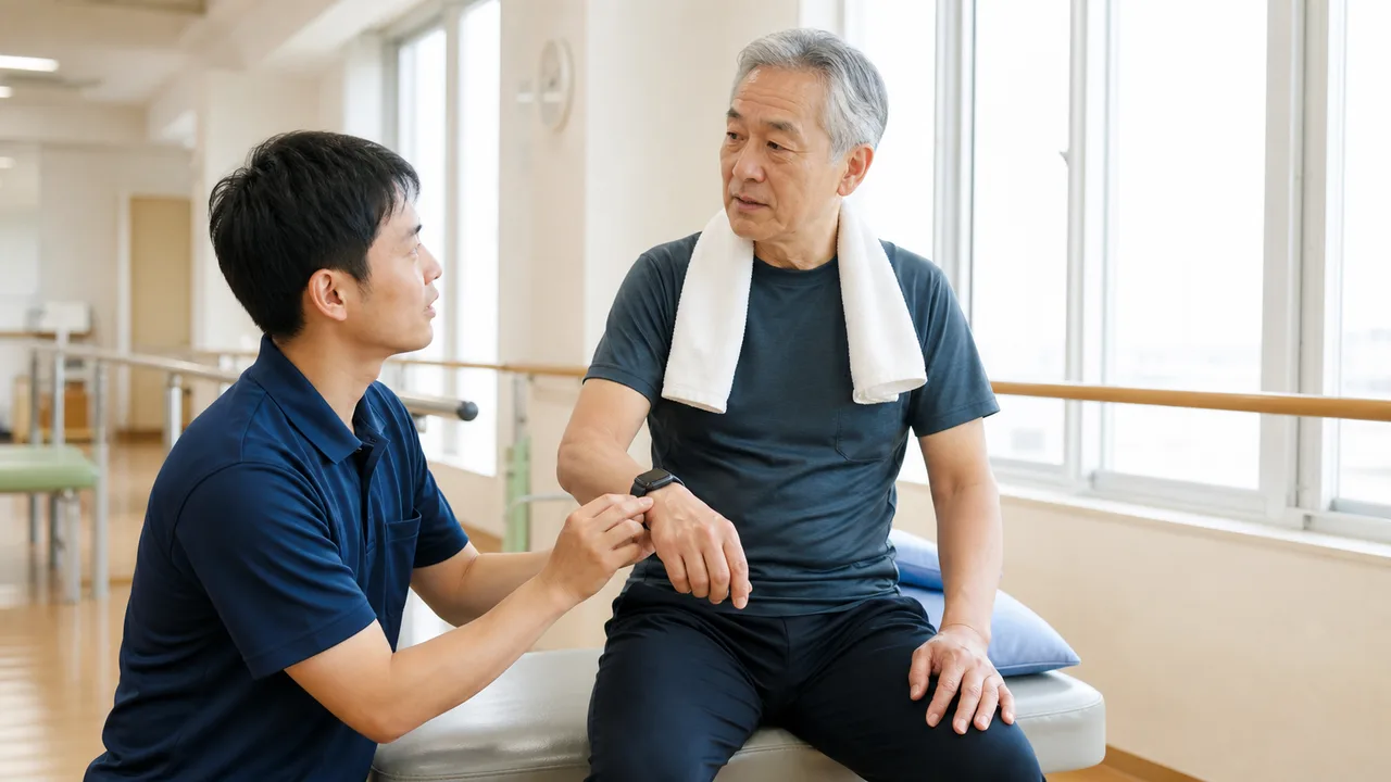 心拍や疲労感を確認しながら歩行練習を進めるイメージ