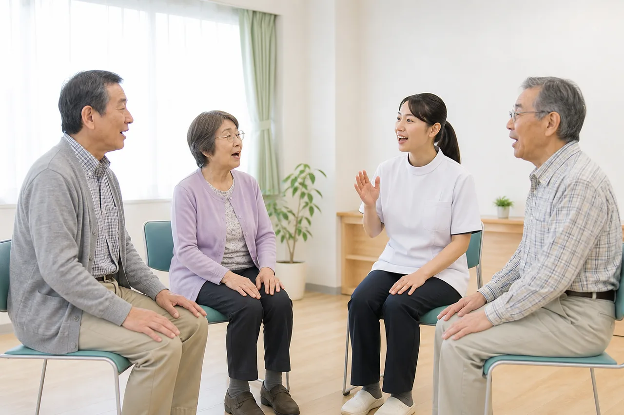 パーキンソン病のある高齢者が言語聴覚士と少人数で会話練習を行う様子