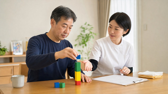 脳卒中後の上肢自主トレーニングで専門家が難易度を調整しているイメージ
