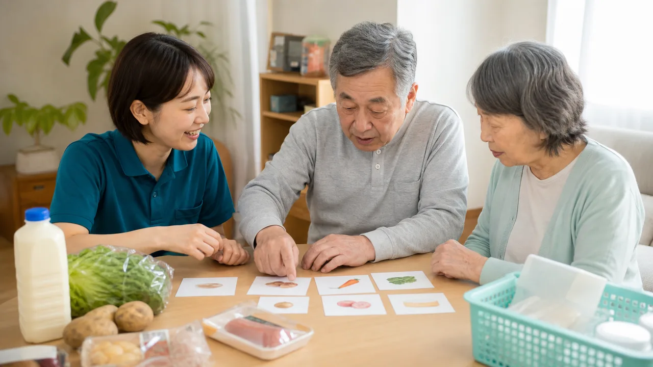 本人・家族・専門職が買い物の手順を一緒に整理する場面