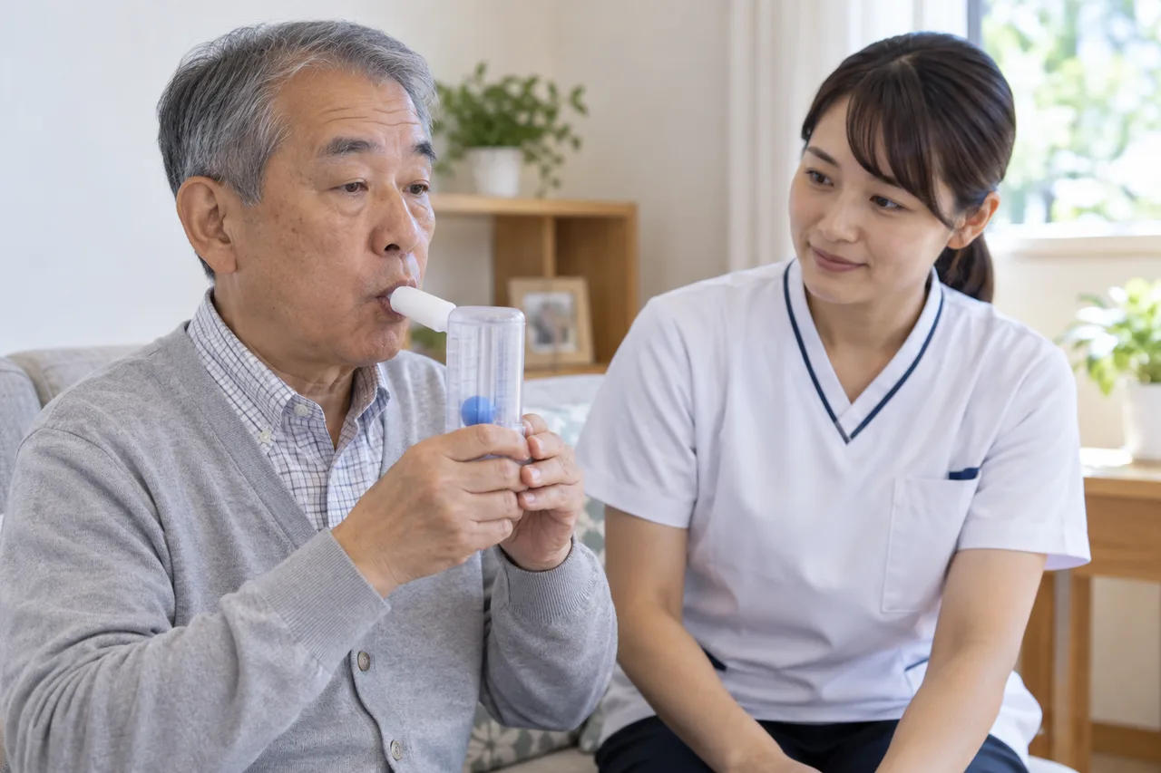専門職の見守りで手術前の呼吸筋トレーニングを行う高齢者
