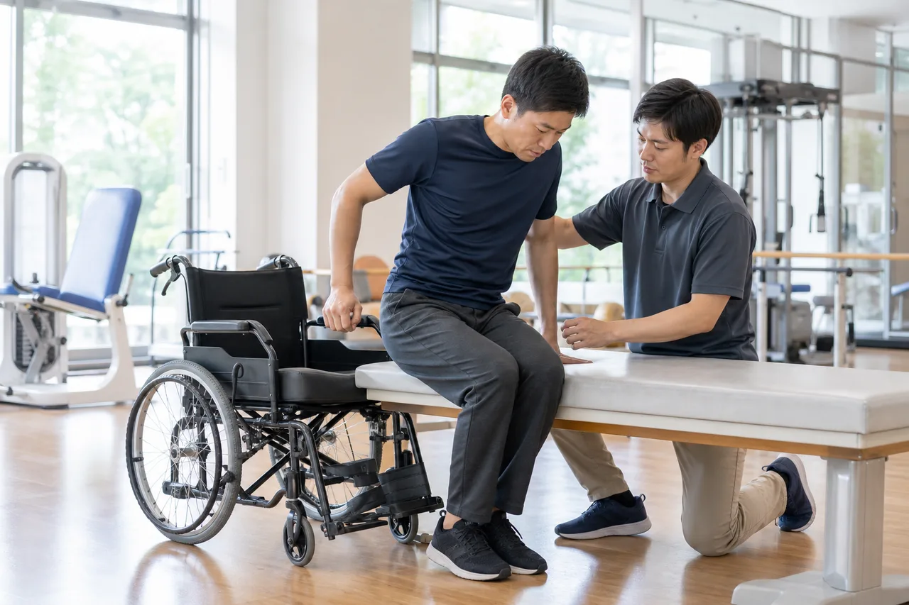車椅子からベッドへの安全な移乗動作を練習する場面