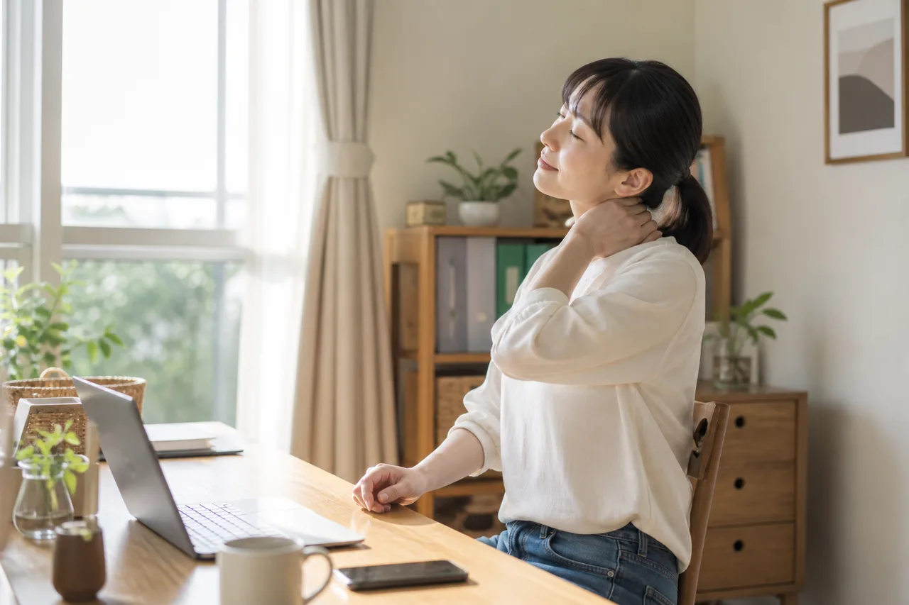 自宅の作業環境で首を休めながら自己管理する様子