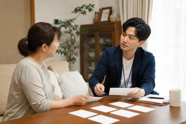 専門職と支援方法や休息の取り方を整理する家族介護者