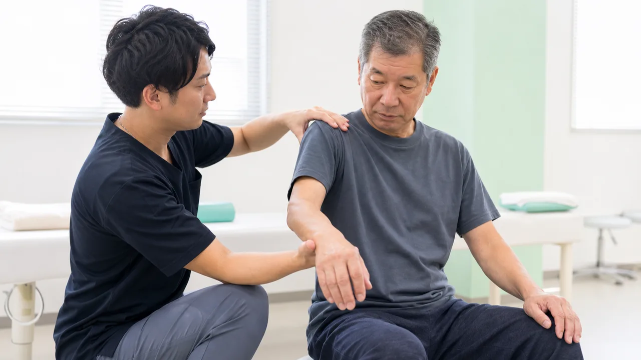 脳卒中後の肩の痛みについて、リハビリ専門職が肩と腕を丁寧に確認しているイメージ