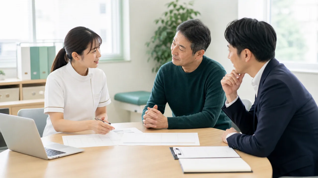 脳卒中後の復職に向けて本人、専門職、職場担当者が相談する様子