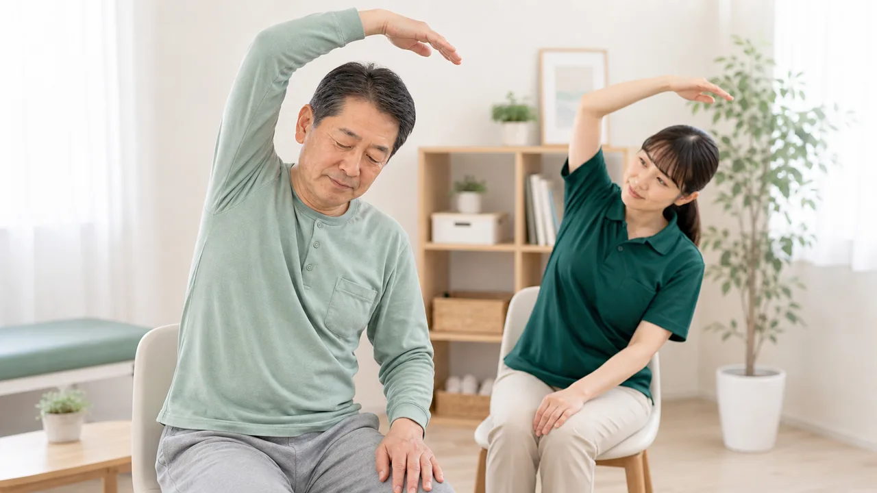 椅子に座ってゆっくり体を伸ばすヨガの様子