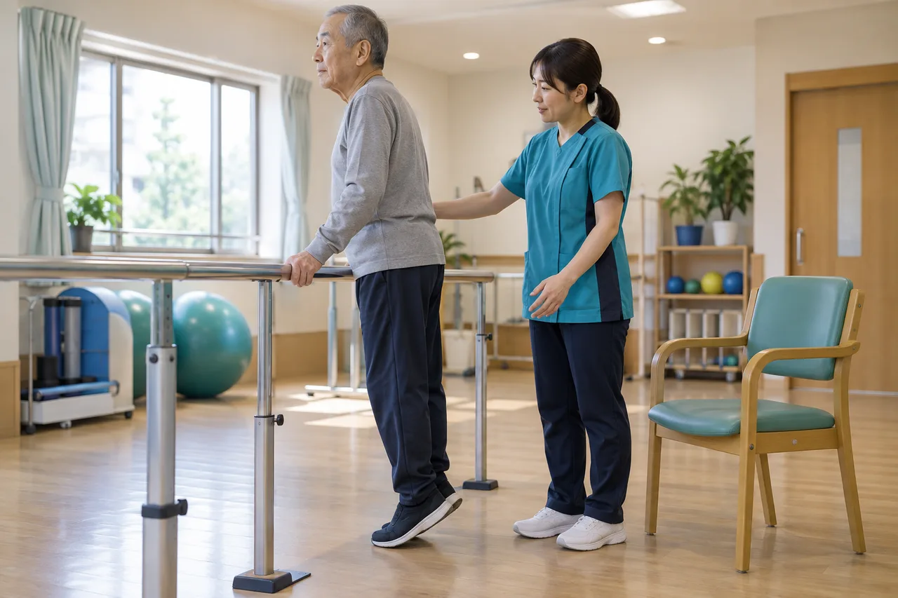 介護施設で高齢者が手すりを使い見守りのもとで運動する場面