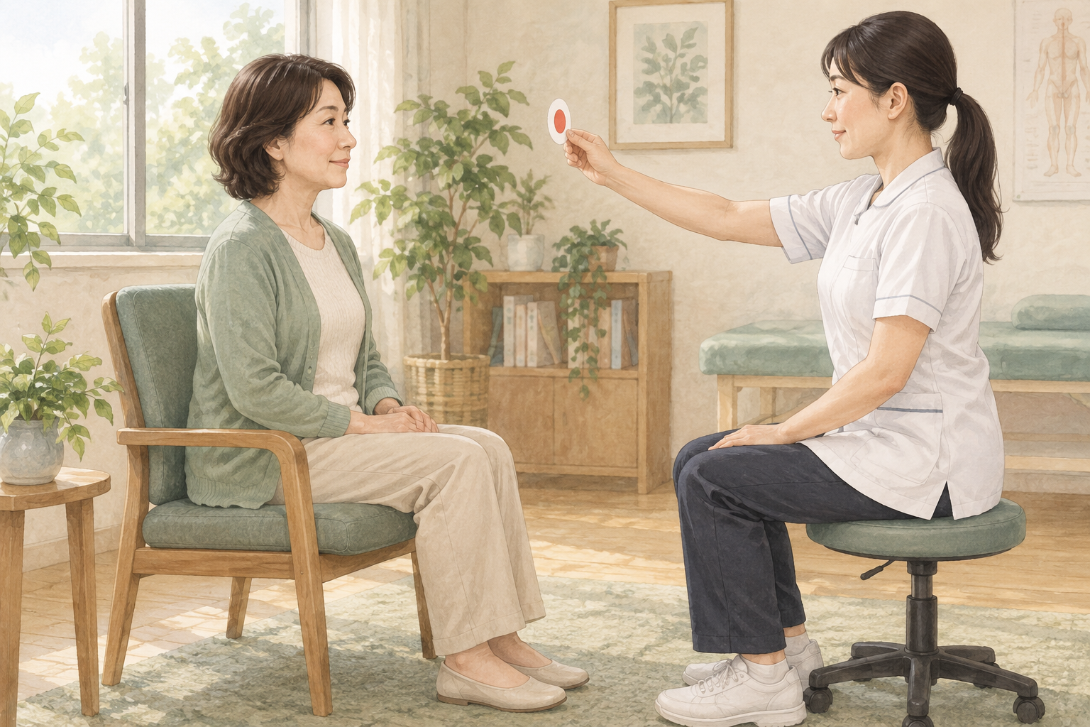 安定した座位で視線と目標を確認する場面。自主練習の手順ではありません