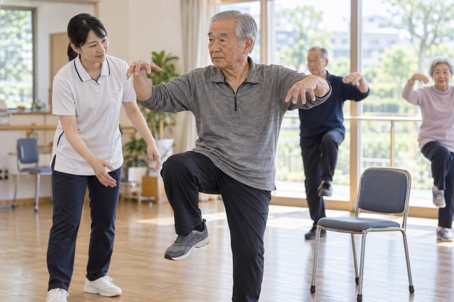 支援者と五禽戯の動きを練習する高齢者