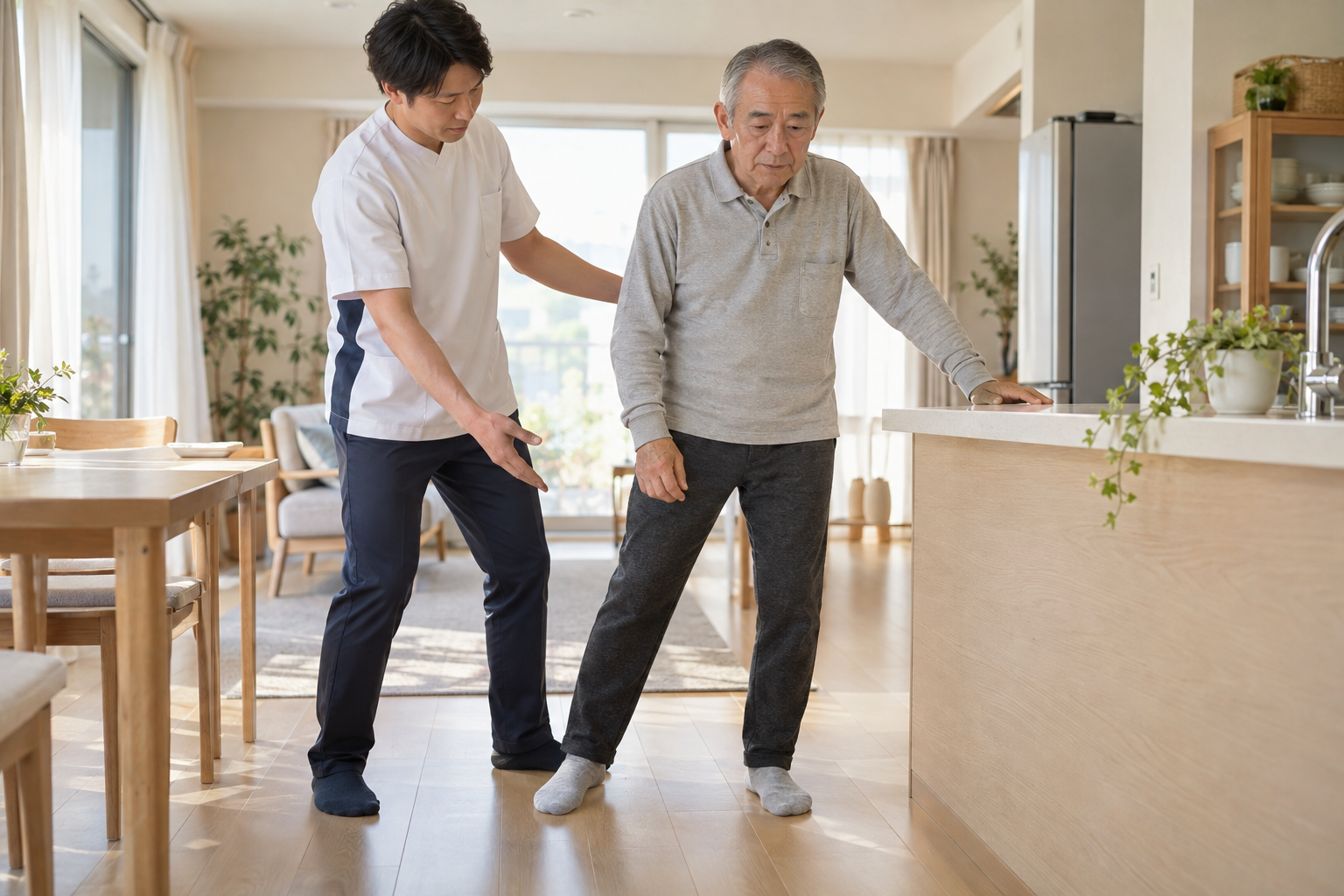 支持物のある環境で重心移動を練習する様子