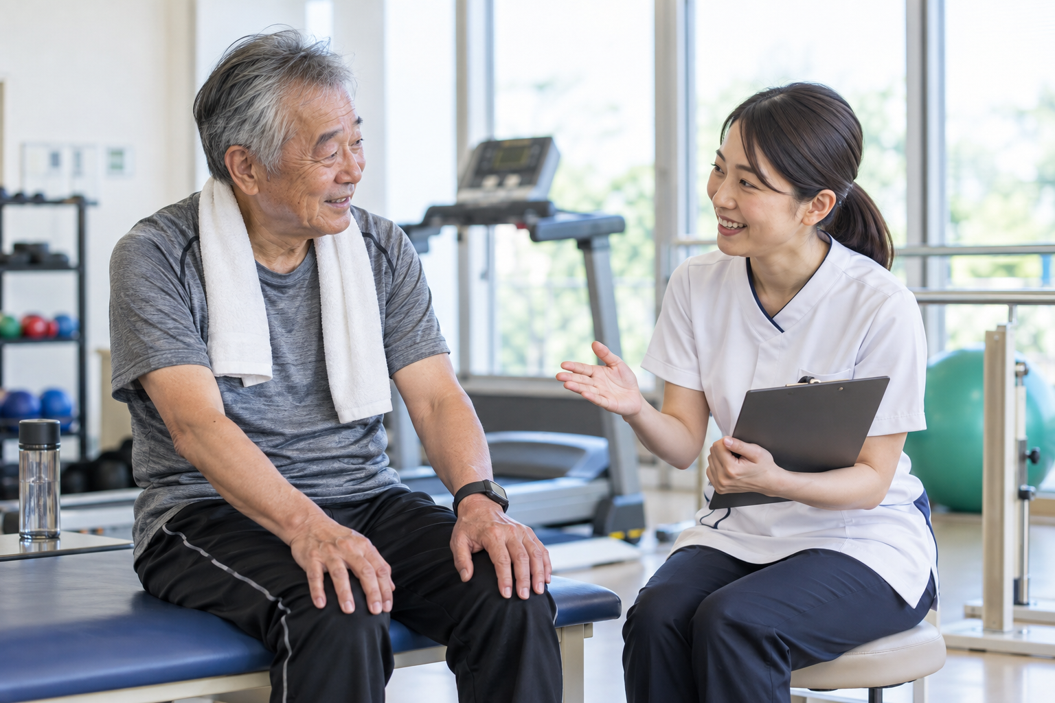 安全な歩行計画を医療者と相談する様子